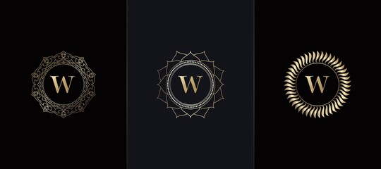 Golden Emblem Letter W Luxury Decoration Initial Logo Icon, Elegance Set Gold Ornate Emblem Deco Vector Design