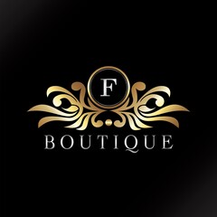 Letter F Logo Gold Luxury Boutique Badge Decorative Ornate Elegance Ornament Design