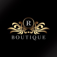 Letter R Logo Gold Luxury Boutique Badge Decorative Ornate Elegance Ornament Design
