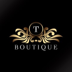 Letter T Logo Gold Luxury Boutique Badge Decorative Ornate Elegance Ornament Design