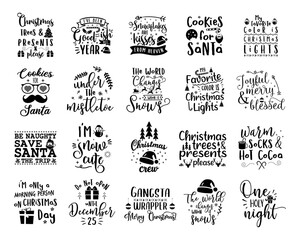 Christmas lettering quotes set. Silhouette calligraphy designs for xmas cards, t shirts, mug, other prints with words and holiday elements. Stock vector bundle