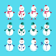 Set of cute playful snowmen. Elements from the Christmas collection of characters. Happy New Year, Merry Xmas design element. Good for card, banner, flayer, leaflet, poster. Vector illustration