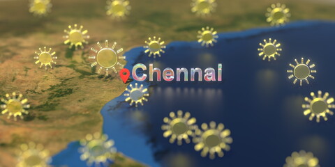 Chennai city and sunny weather icon on the map, weather forecast related 3D rendering