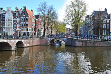 View of canals and bridges in the historic center of Amsterdam