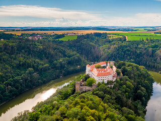 Fototapeta na wymiar Aerial view of Bitov castle near Dyje river. Landscape panoramic view of medieval castle on top of hill with forest around. South Moravia region, Czech republic.