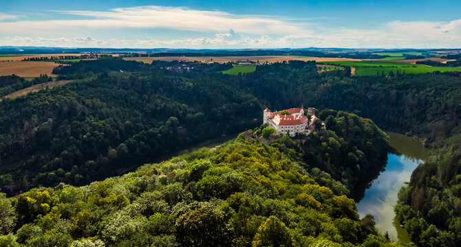 Aerial view of Bitov castle near Dyje river. Landscape panoramic view of medieval castle on top of hill with forest around. South Moravia region, Czech republic.