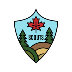 Fototapeta premium Vintage scouts logo emblem template, adventure badge design with trees and maple leaf. Unusual line art retro style sticker. Stock vector art