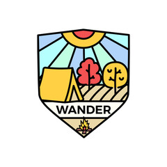 Wander logo emblem template, adventure label design with tent and trees. Unusual line art retro style sticker. Stock vector linear badge art