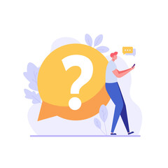Man with big question mark. User asking frequently asked questions. Concept of customer guide, useful information, FAQ. Vector illustration in flat design for UI, web banner