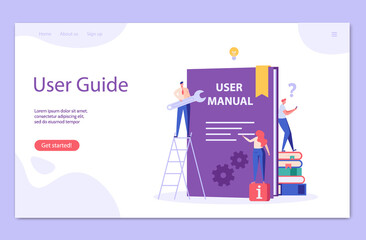 People read user manual book. Managers reading and writing guide instruction. Concept of customer guide, useful information, technical document. Vector illustration in flat design for UI, web banner