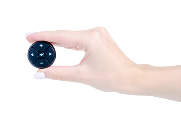 steering wheel remote control in hand on white background isolation