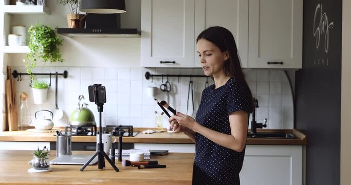 Side view skilled young professional makeup artist blogger recoding beauty video for personal channel or educational tutorial visage courses on smartphone, explaining brushes using, showing difference