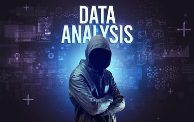 Faceless man with DATA ANALYSIS inscription, online security concept