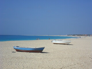 The white sandy beaches and turquoise ocean water on the coastal landscapes of Sal and Boa Vista in the Cape Verde Islands in the Atlantic, West Africa