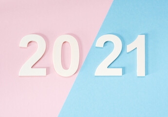 2021 design concept for a calendar or agenda on the pastel pink and blue background. Creative flat lay