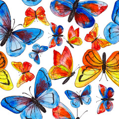 Seamless watercolor pattern exotic tropical butterflies.