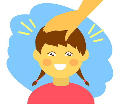 Little Girl And Adult Support. Pat Your Child On The Head. Cartoon. Vector Illustration.