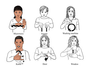 BSL illustrations series 'Signs used at home' British Sign Language hand drawn