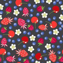 Food background with yummy cartoon berries. Vector. Seamless pattern on black.