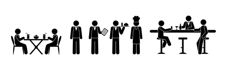 stick figure man, illustration of workers and restaurant visitors, isolated silhouettes of people in cafe and bar