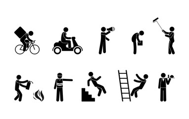 stick figure man working, icon of representatives of various professions, isolated pictograms of people busy with work