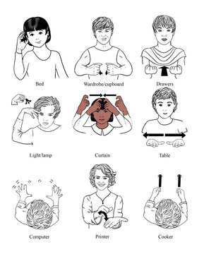 BSL illustrations series 'At home, typical objects' British Sign Language hand drawn