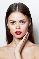Woman Charm red lips hands near clean face skin care 
