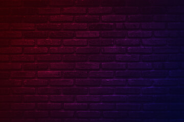 Obraz na płótnie Canvas Neon light on brick walls that are not plastered background and texture. Lighting effect red and blue neon background vertical of empty brick basement wall.