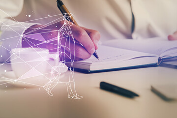 Creative start up concept hologram multi exposure with human hand background.