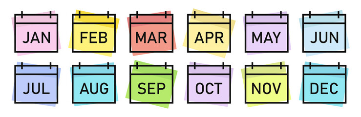 Set of calendar month icons isolated on white background. Flat design style. Vector illustration eps10.