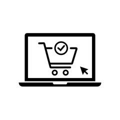 Laptop with trolley on screen. Notebook with cart vector icon. Online shopping concept. Flat design vector illustration.