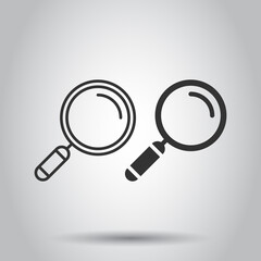 Loupe sign icon in flat style. Magnifier vector illustration on white isolated background. Search business concept.