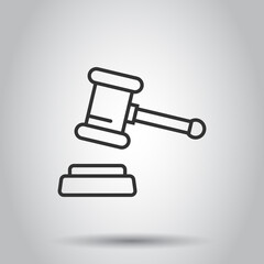 Auction hammer icon in flat style. Court sign vector illustration on white isolated background. Tribunal business concept.