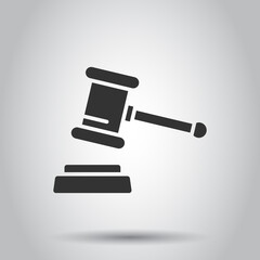 Auction hammer icon in flat style. Court sign vector illustration on white isolated background. Tribunal business concept.