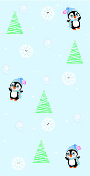 Seamless pattern with penguins. Cute penguin cartoon illustration. Christmas animals pattern.