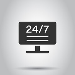 24/7 computer icon in flat style. All day service vector illustration on white isolated background. Support business concept.