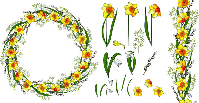 Round frame with beautiful flowers of daffodils, snowdrops and willow twigs. Spring season festive flower circle.