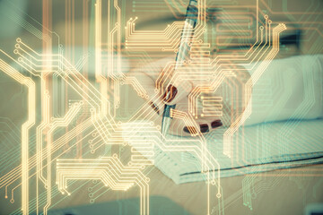 Technology theme hologram over woman's hands taking notes background. Concept of Tech. Double exposure