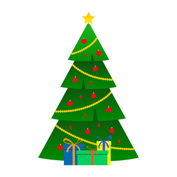 Star, decoration balls and light bulb chain christmas tree decorated with gift boxes. Vector illustration isolated on white.