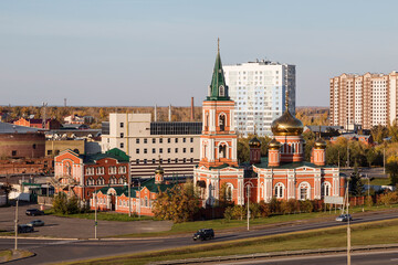Top view of the city of Barnaul and the Znamensky convent. Russia
