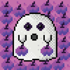 A cute ghost holding a pumpkin. happy Halloween pixel art. Vector picture.