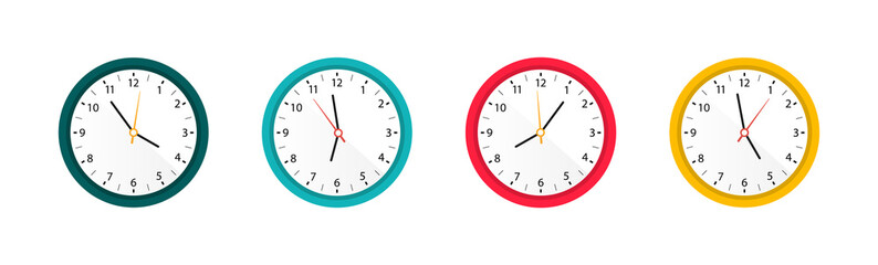 Set of color clocks. Wall clocks with different colors design. Vector colorful wall clock collection. Vector illustration - obrazy, fototapety, plakaty