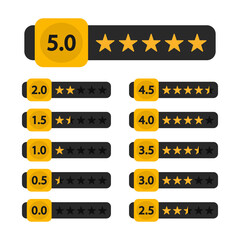 Set of stars rating to rate how good the service offered is. Rating stars, design elements, customer feedback, voting symbols from one to five points.