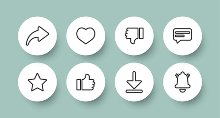 Fototapeta premium Round buttons.Button templates for web with shadow. Like, share, comment signs layout. Thumbs up and heart icon with repost and comment icons,arrow, download, subscription, message . Social media icon