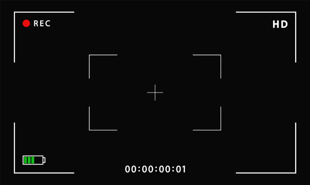 Camera frame viewfinder screen of video recorder digital display interface. Focusing screen in the center of camera in recording time. battery status, video quality, Image stabilization icons