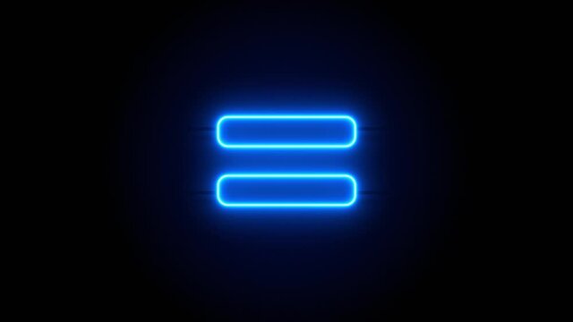 Equals neon sign appear in center and disappear after some time. Animated blue neon symbol on black background. Looped animation.