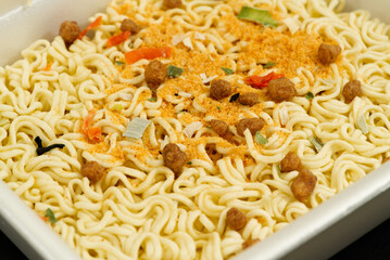 instant noodles with spicy close up, angled macro shot