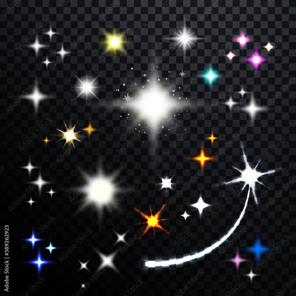 Poster set of sparkling and twinkling stars. vector shiny iridescent light beams. transparent bright flash.
