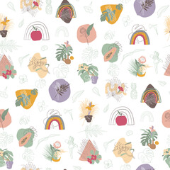 Seamless pattern with boho urban jungle tropical plants on white background. Hand drawn flat vector illustration.