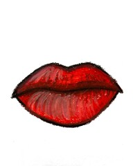 luscious red lips illustration. valentine's day card. oil pastel texture. Hand drawn. lip gloss, bright lipstick